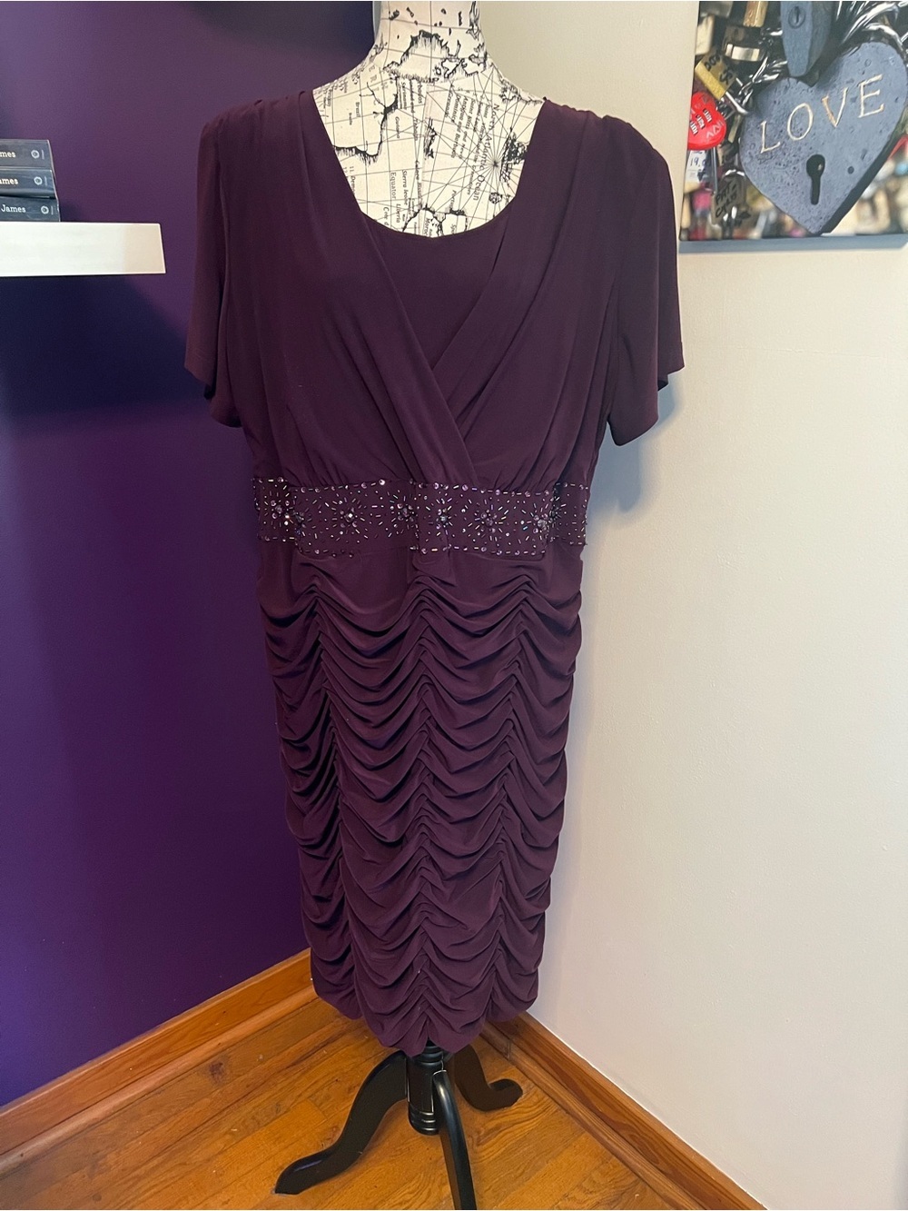 R&M Richards Plum Ruched Cocktail Dress with Beaded Waistband